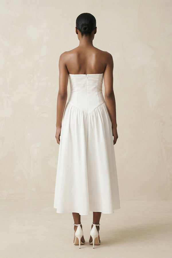 Strapless A - Line Satin Midi Wedding Dress in White - SHE IS ME Wedding Dresses