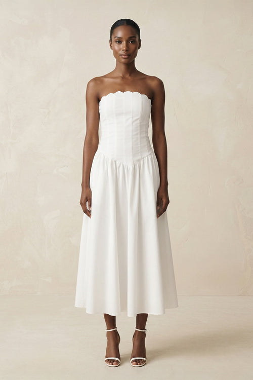 Strapless A - Line Satin Midi Wedding Dress in White - SHE IS ME Wedding Dresses