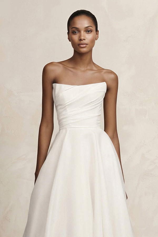 Strapless A - Line Satin Ruched Wedding Dress in Ivory - SHE IS ME Wedding Dresses