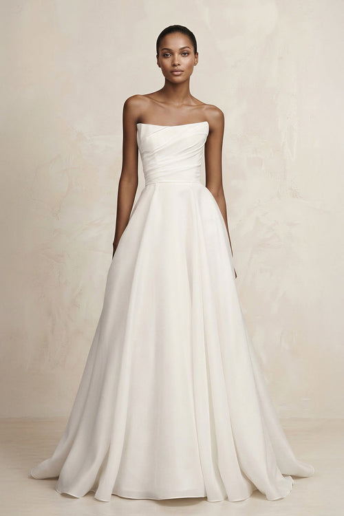 Strapless A - Line Satin Ruched Wedding Dress in Ivory - SHE IS ME Wedding Dresses