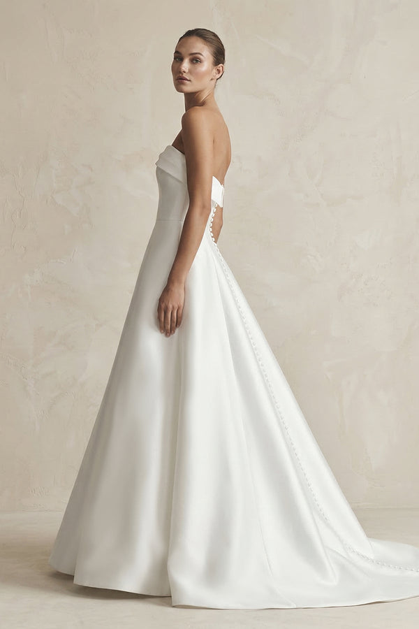 Strapless A - Line Satin Ruched Wedding Dress in White - SHE IS ME Wedding Dresses