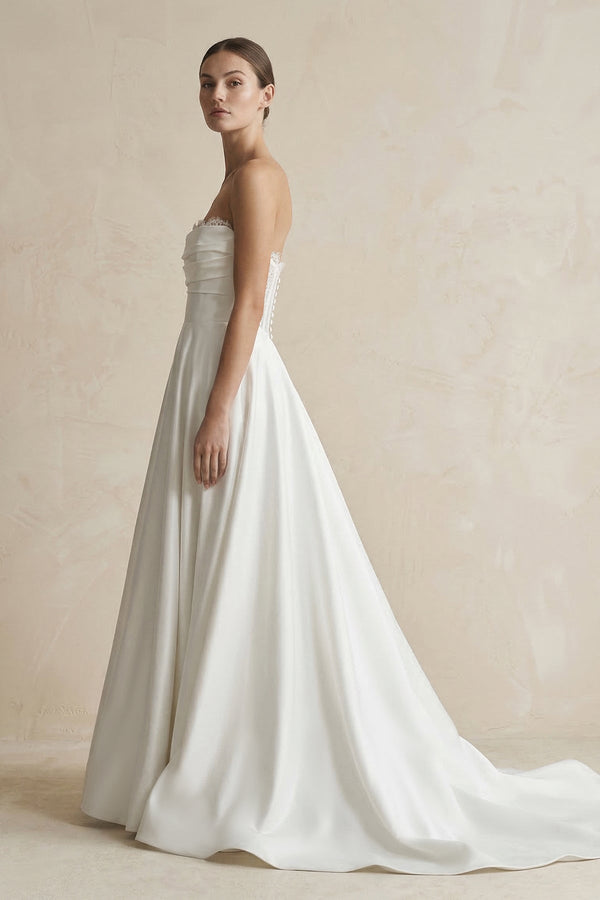 Strapless A - Line Satin Ruched Wedding Dress in White - SHE IS ME Wedding Dresses