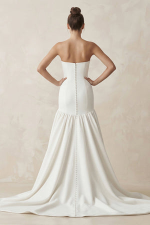 Strapless A - Line Satin Ruffled Wedding Dress in White - SHE IS ME Wedding Dresses