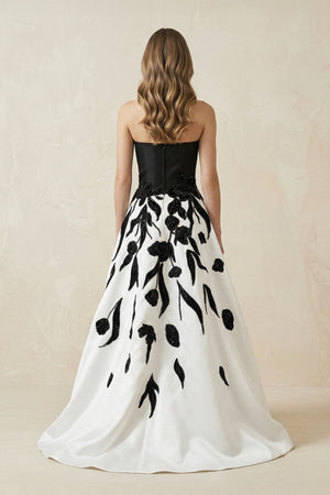 Strapless A - Line Satin Sequins Wedding Dress in Black and White - SHE IS ME Wedding Dresses