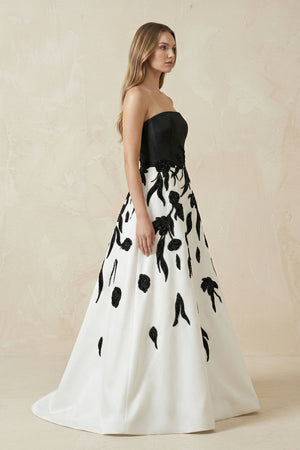 Strapless A - Line Satin Sequins Wedding Dress in Black and White - SHE IS ME Wedding Dresses