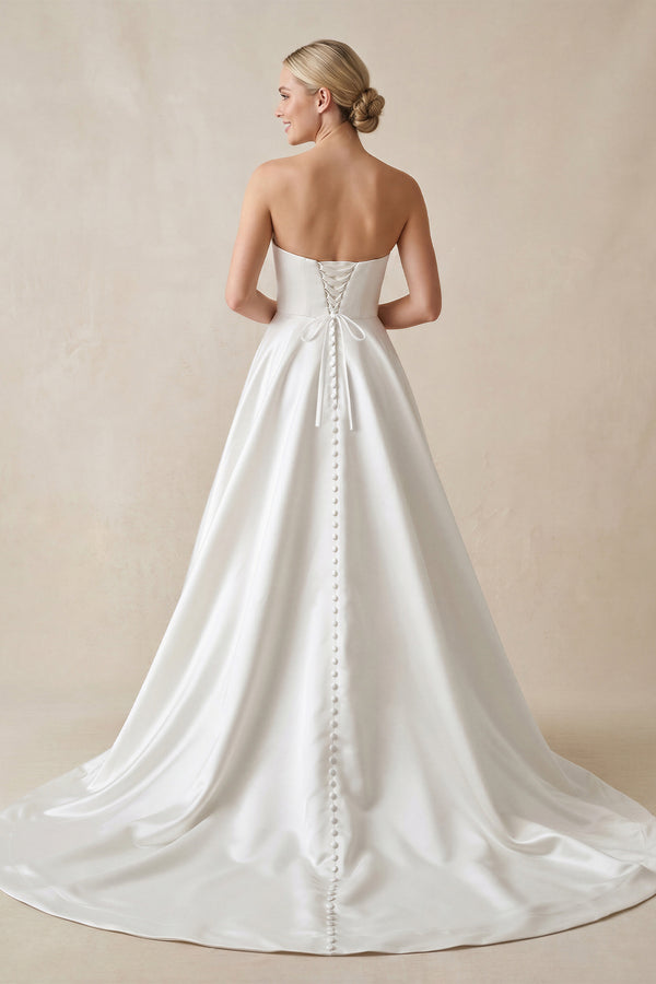 Strapless A-Line Satin Wedding Dress with Slit in White