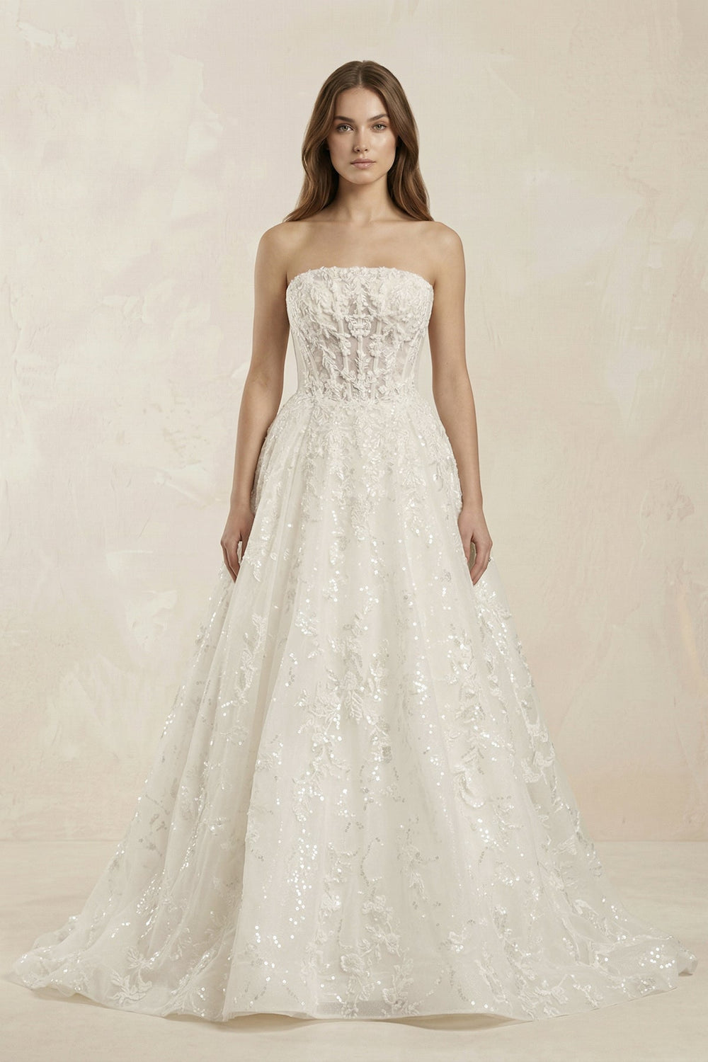 Strapless Appliqued Sequined Corset Wedding Dress in Ivory - SHE IS ME Wedding Dresses