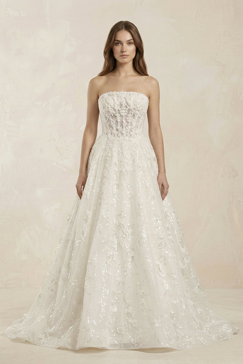 Strapless Appliqued Sequined Corset Wedding Dress in Ivory - SHE IS ME Wedding Dresses