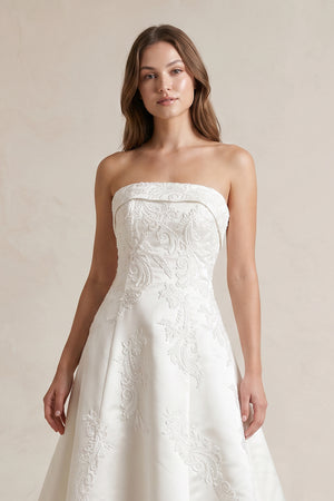 Strapless A Line Satin Wedding Dress With Appliques in Ivory - SHE IS ME Wedding Dresses