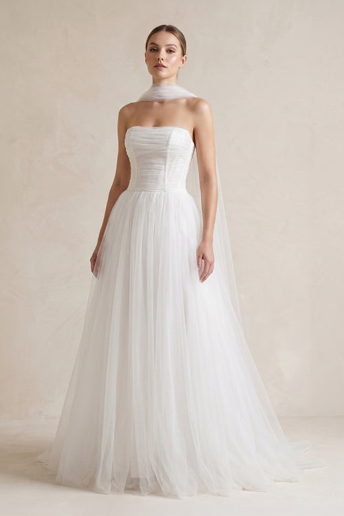 Strapless Chiffon A - Line Pleated Scarf Wedding Dress in Ivory - SHE IS ME Wedding Dresses