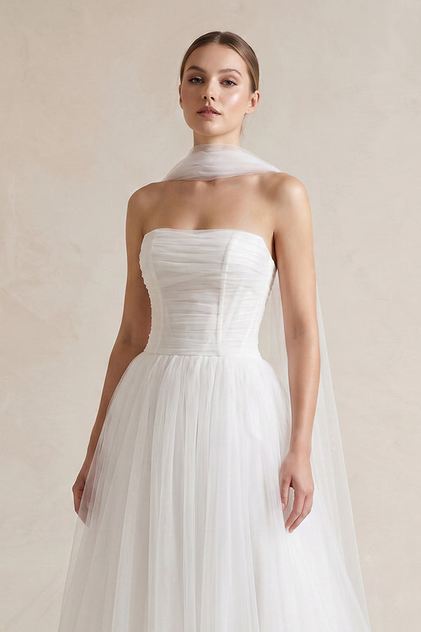 Strapless Chiffon A - Line Pleated Scarf Wedding Dress in Ivory - SHE IS ME Wedding Dresses