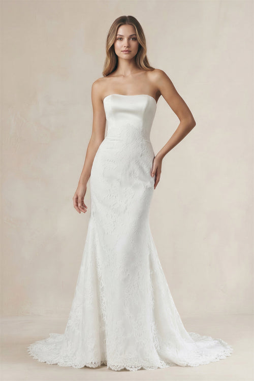 Strapless Lace Mermaid Wedding Dress in White - SHE IS ME Wedding Dresses