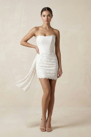 Strapless Lace Sheath Corset Mini Wedding Dress in White - SHE IS ME Wedding Dresses