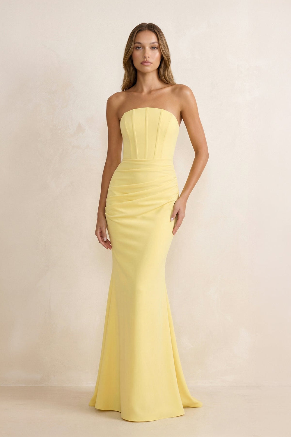 Strapless Mermaid Pleated Maxi Dress in Yellow - SHE IS ME PROM DRESSES