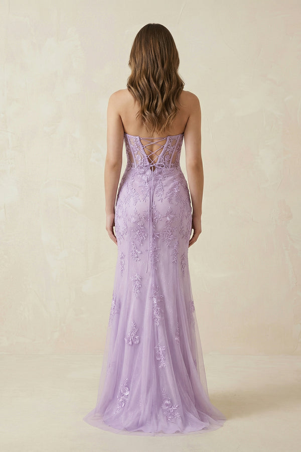 Strapless Mermaid Tulle Maxi Dress With Slit in Lilac