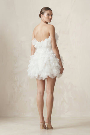 Strapless Organza Ruffled Bow Mini Wedding Dress in White - SHE IS ME Wedding Dresses