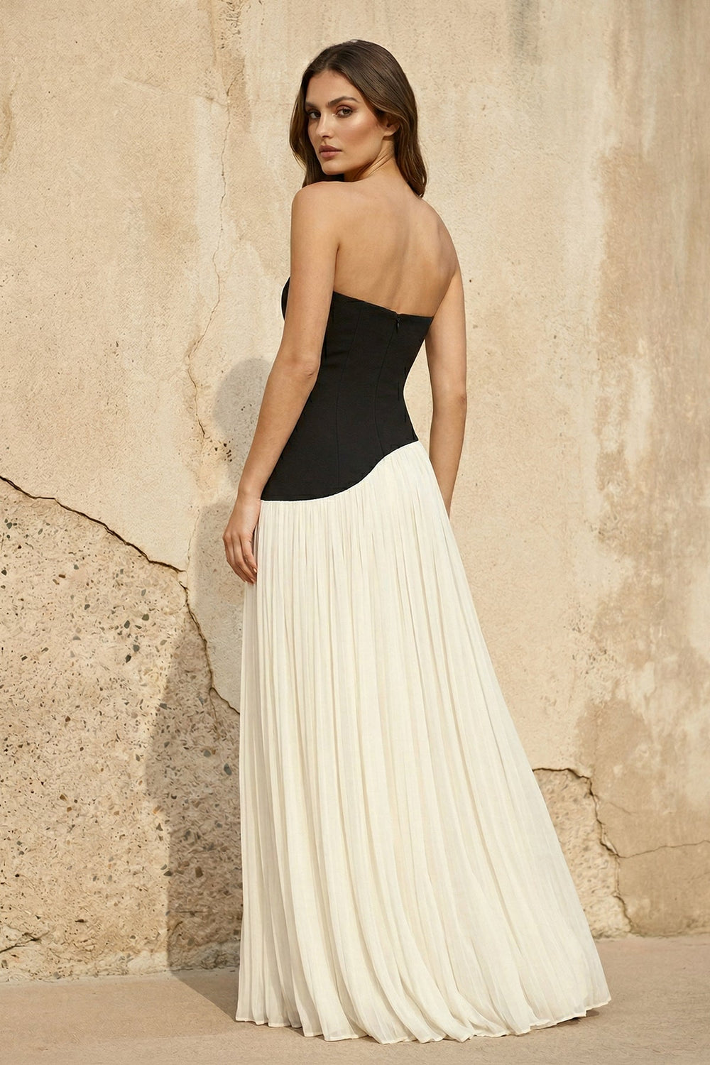Strapless Pleated Maxi Dress in Black and Ivory - SHE IS ME PROM DRESSES