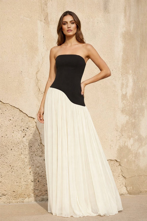 Strapless Pleated Maxi Dress in Black and Ivory - SHE IS ME PROM DRESSES
