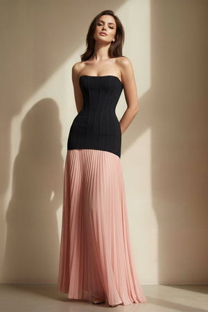 Strapless Pleated Maxi Dress in Black and Pink - SHE IS ME