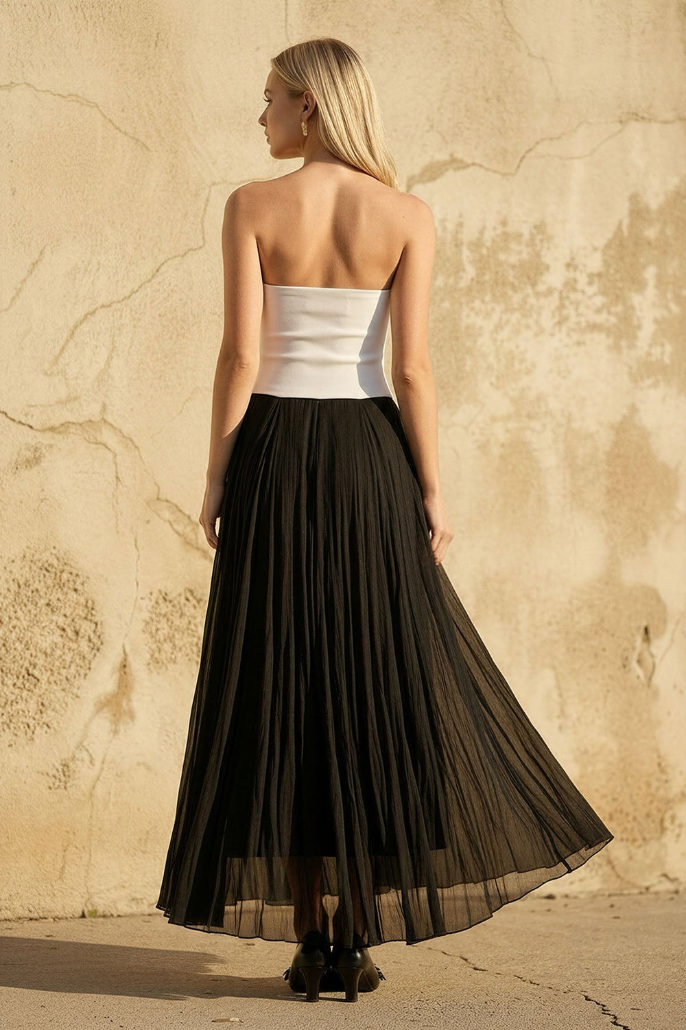 Strapless Pleated Maxi Dress in Black and White - SHE IS ME PROM DRESSES