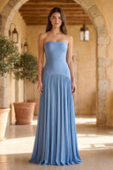 Strapless Pleated Maxi Dress in Steel Blue- SHE IS ME