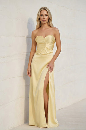 Strapless Pleated Maxi Dress With Slit in Yellow - SHE IS ME