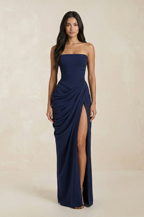 Strapless Pleated Sheath Long Prom Dress With Slit in Navy - SHE IS ME Prom Dresses