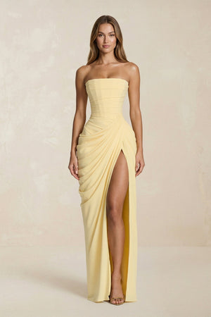 Strapless Pleated Sheath Long Prom Dress With Slit in Yellow - SHE IS ME Prom Dresses