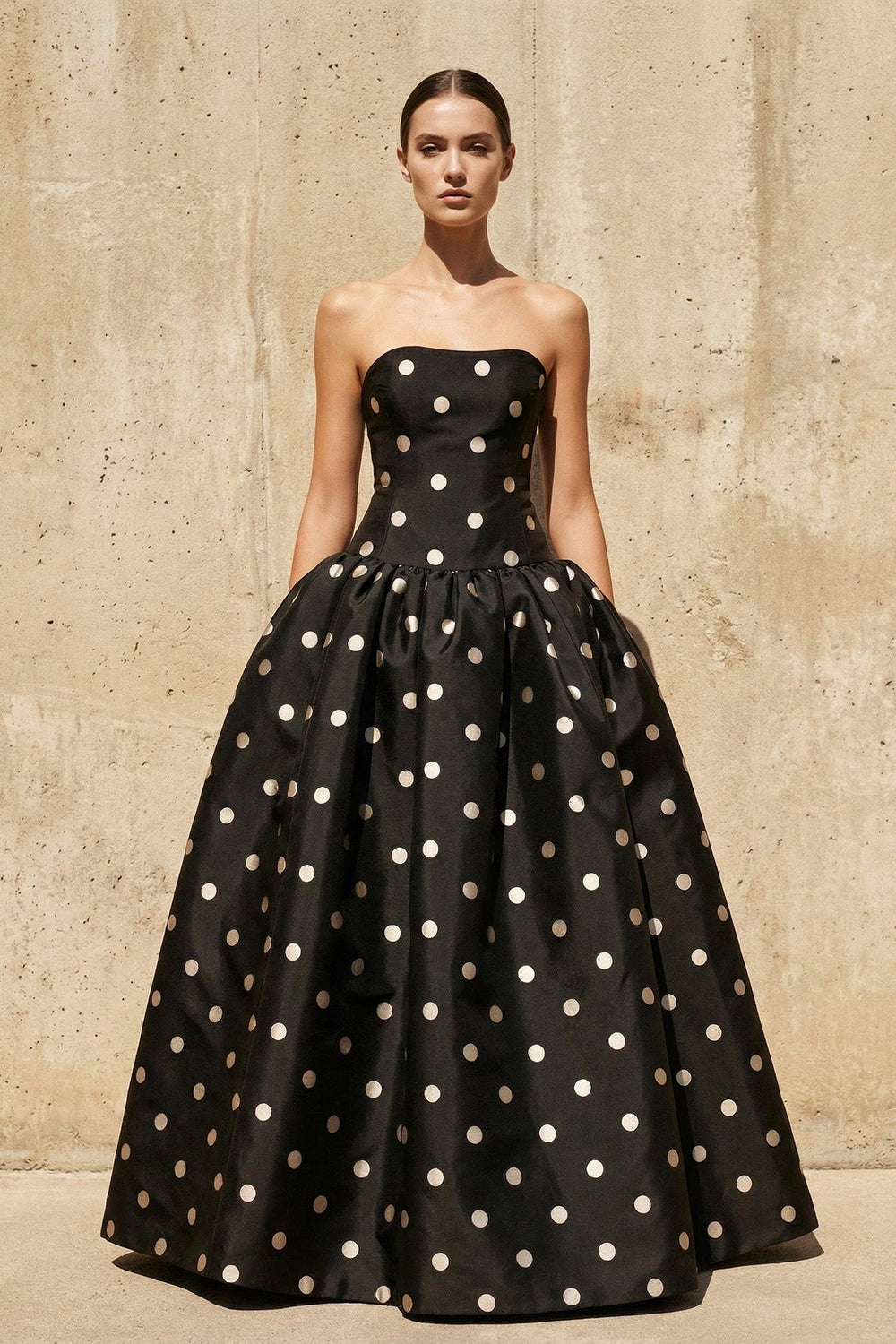 Strapless Polka Dot Maxi Dress in Black - SHE IS ME