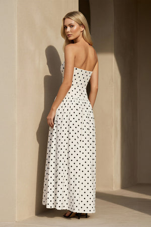 Strapless Polka Dot Maxi Dress in White - SHE IS ME