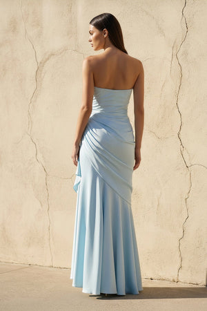 Strapless Ruched Asymmetric Gown in Sky Blue - SHE IS ME