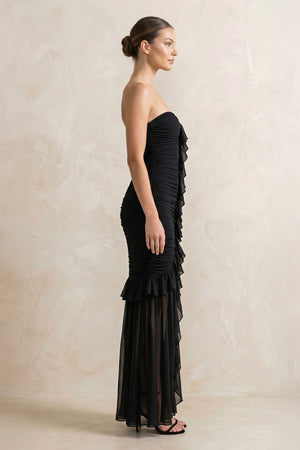 Strapless Ruched Ruffle High-Low Maxi Dress in Black