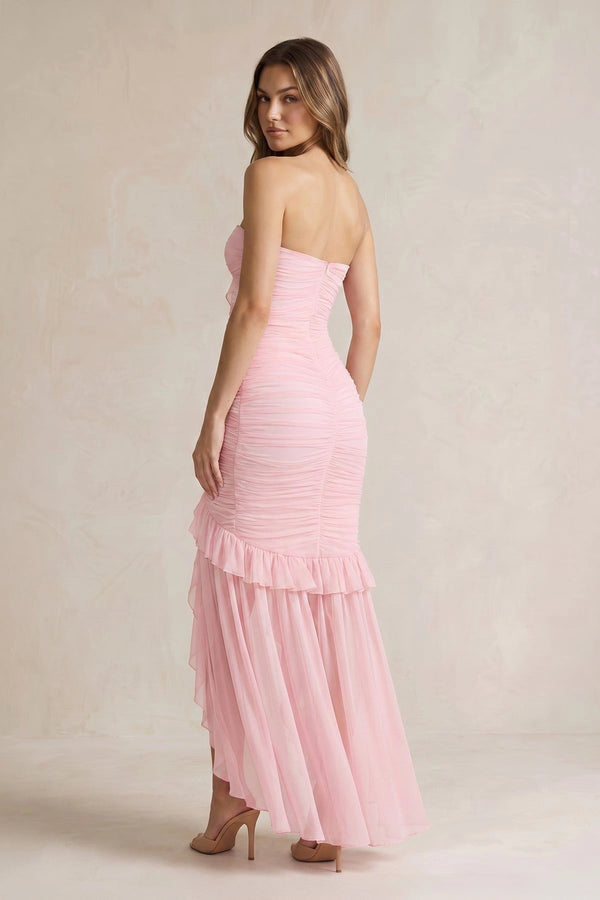 Strapless Ruched Ruffle High - Low Maxi Dress in Pink - SHE IS ME PROM DRESSES