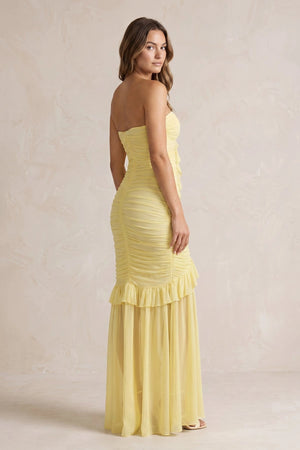 Strapless Ruched Ruffle High - Low Maxi Dress in Yellow - SHE IS ME PROM DRESSES