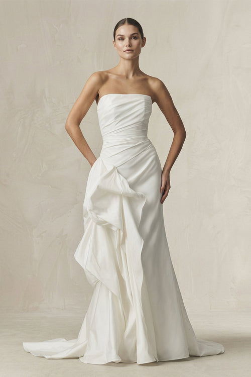 Strapless Ruffled Mermaid Satin Wedding Dress in White - SHE IS ME Wedding Dresses