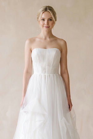 Strapless Ruffled Tulle A - Line Pleated Wedding Dress in Ivory - SHE IS ME Wedding Dresses