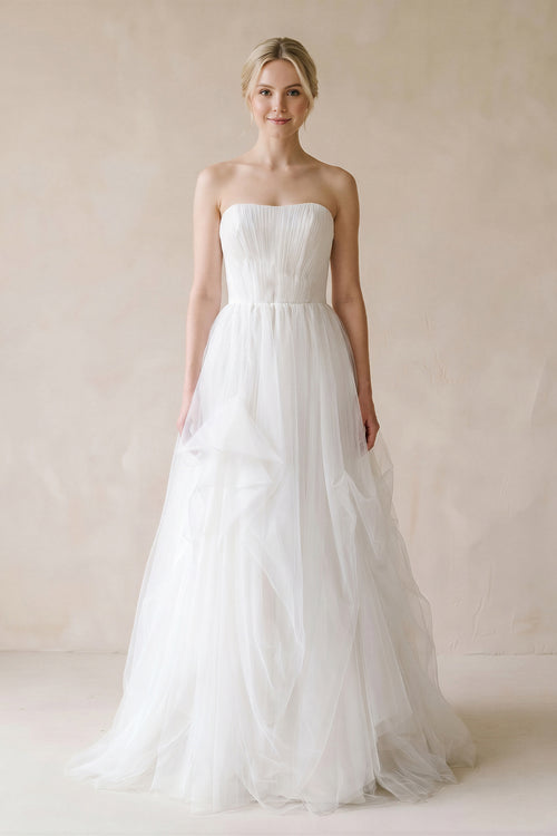 Strapless Ruffled Tulle A - Line Pleated Wedding Dress in Ivory - SHE IS ME Wedding Dresses