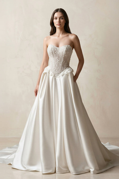 Strapless Satin A - Line Corset Beaded Wedding Dress in White - SHE IS ME Wedding Dresses