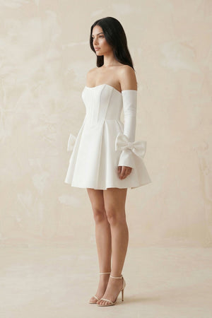 Strapless Satin A - Line Mini Wedding Dress With Sleeves in White - SHE IS ME Wedding Dresses