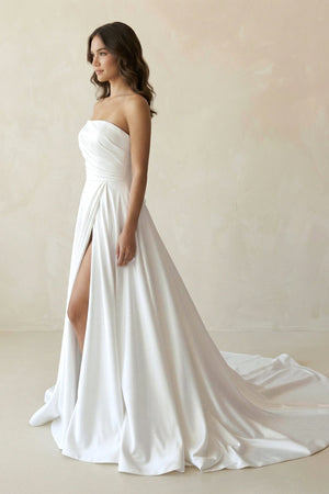 Strapless Satin A - Line Ruched Wedding Dress With Slit in White - SHE IS ME Wedding Dresses