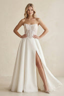 Strapless Satin Appliqued A - Line Wedding Dress with Corset in Ivory - SHE IS ME Wedding Dresses