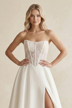Strapless Satin Appliqued A - Line Wedding Dress with Corset in Ivory - SHE IS ME Wedding Dresses