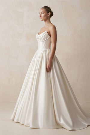 Strapless Satin Ball - Gown Corset Wedding Dress with Removable Sleeves in White - SHE IS ME Wedding Dresses