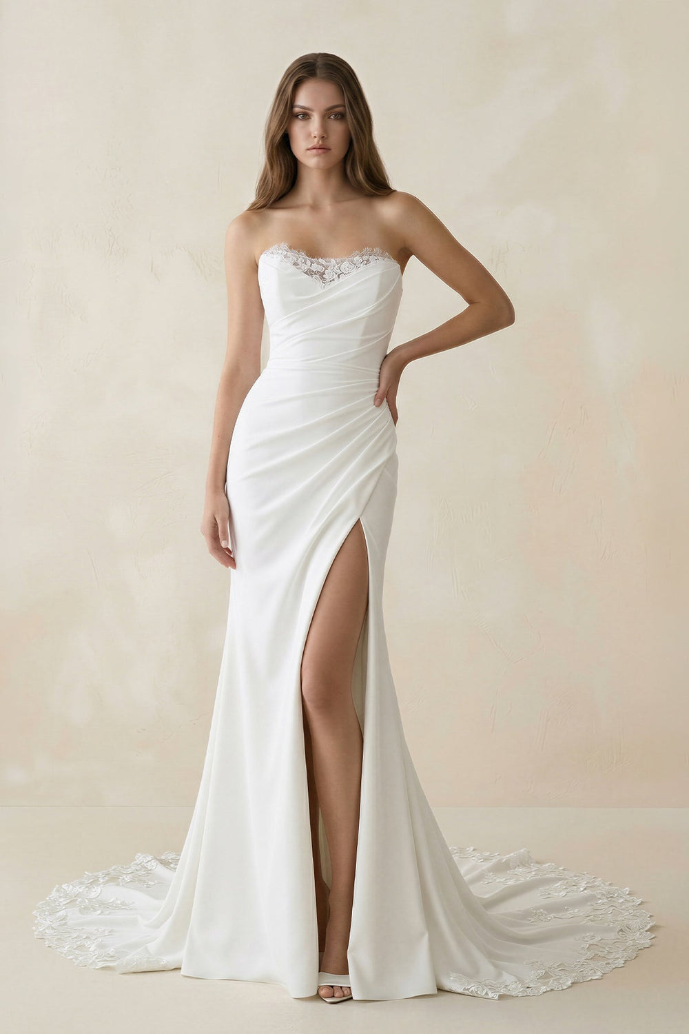 Strapless Satin Mermaid Ruched Wedding Dress With Slit in White - SHE IS ME Wedding Dresses