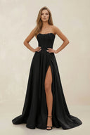 Strapless Satin Ruched A - Line Wedding Dress with Slit in Black - SHE IS ME Wedding Dresses