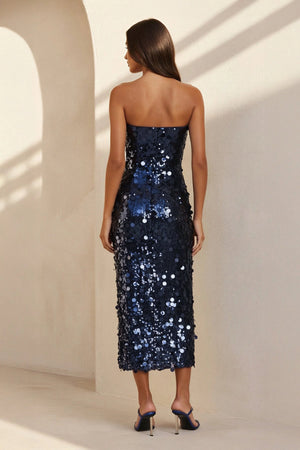 Strapless Sequined Midi Dress in Navy - SHE IS ME
