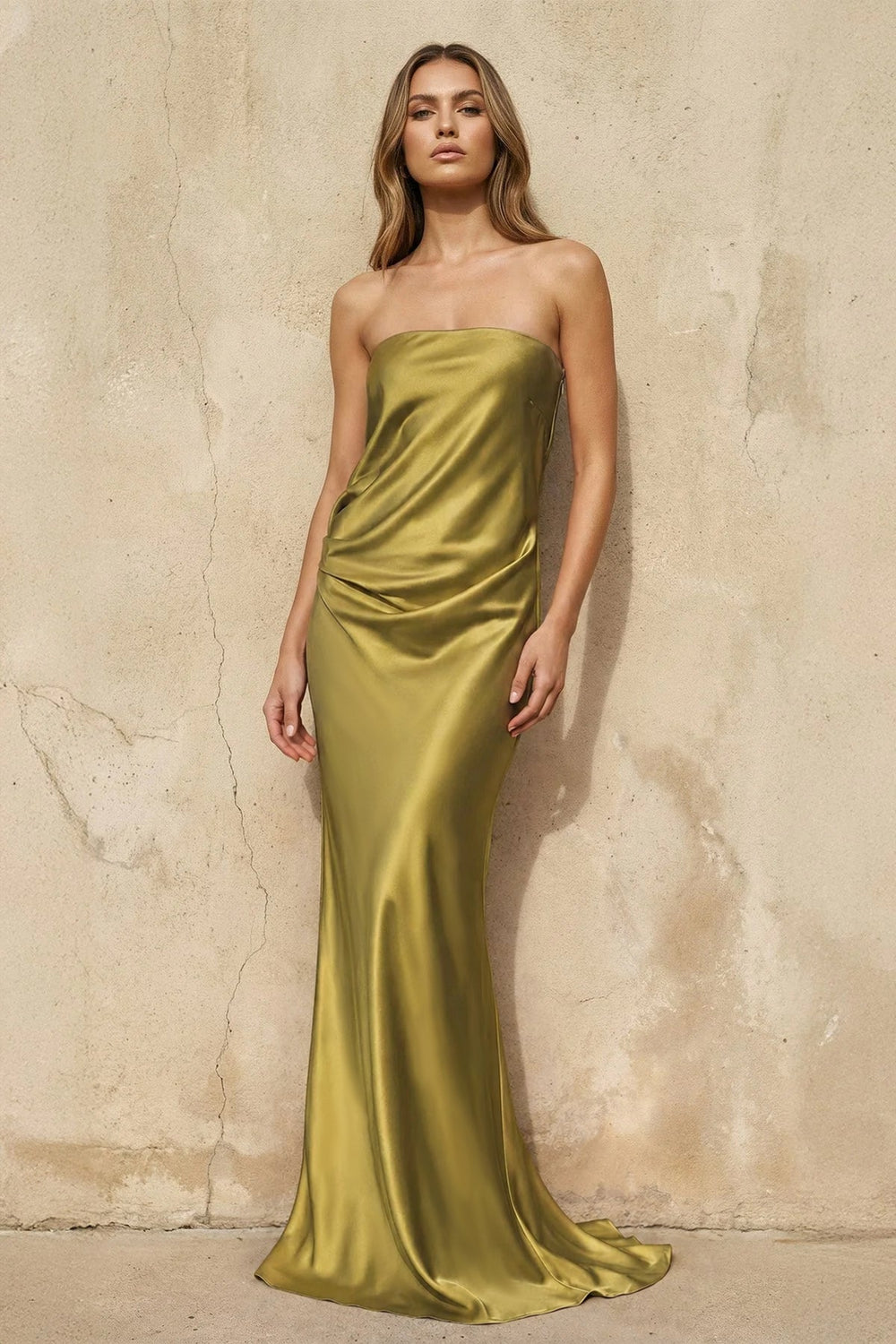 Strapless Sheath Maxi Dress in Olive - SHE IS ME PROM DRESSES