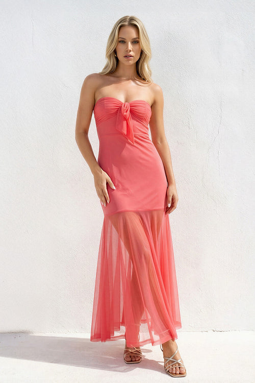 Strapless Sheath Open Back Midi Dress in Coral Pink - SHE IS ME