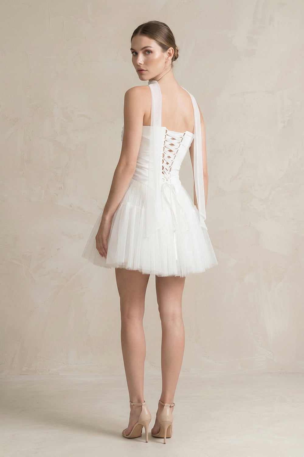 Strapless Tulle A - Line Ruched Mini Wedding Dress in White - SHE IS ME Wedding Dresses
