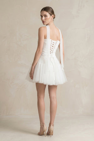 Strapless Tulle A - Line Ruched Mini Wedding Dress in White - SHE IS ME Wedding Dresses